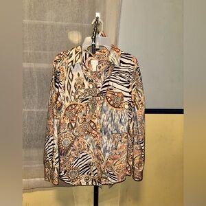 Chicos 2 Large Animal Paisley No Iron Cotton Button Down Long Sleeve Blouse Top
